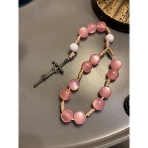 Pink Catholic Rosary Bracelet One Decade Prayer Beads Crucifix INRI